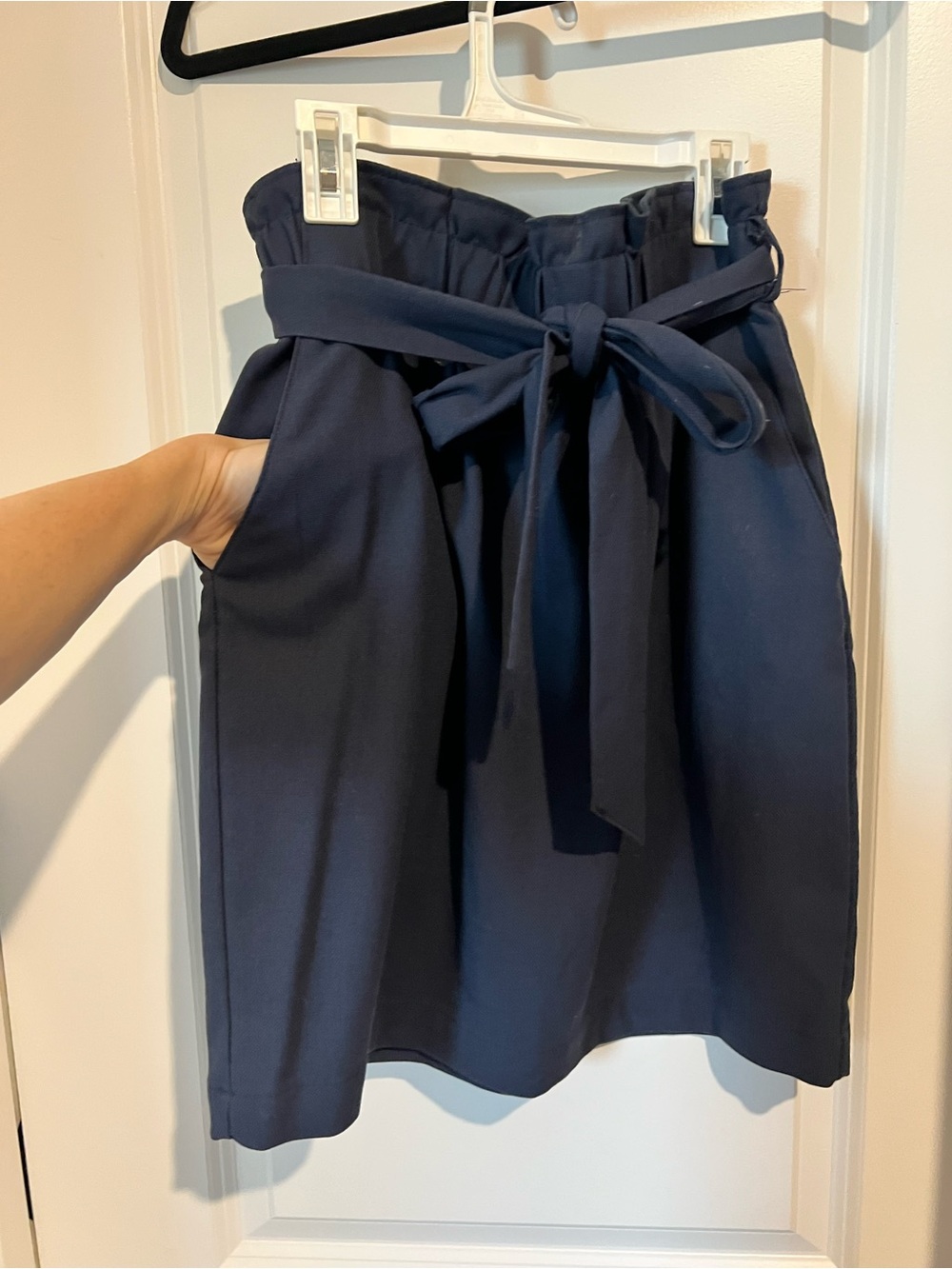 H&M Navy A-Line Paperbag Waist Skirt with Self Tie